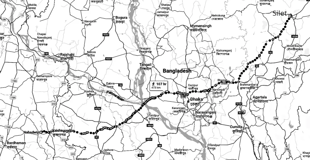 Navadwip to Silet walking Road 1400 CE